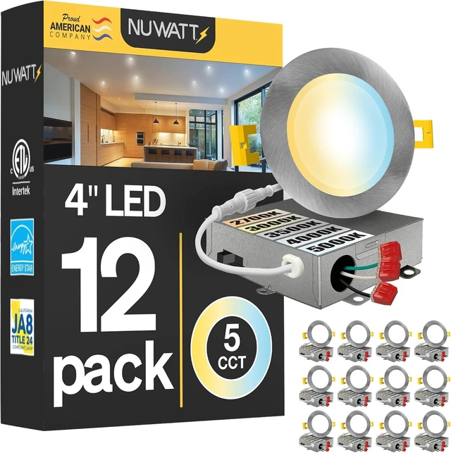 Main image of NUWATT 12PK 4 Inch Canless Brushed Nickel Recessed Lights, 2700K-5000K, ETL
