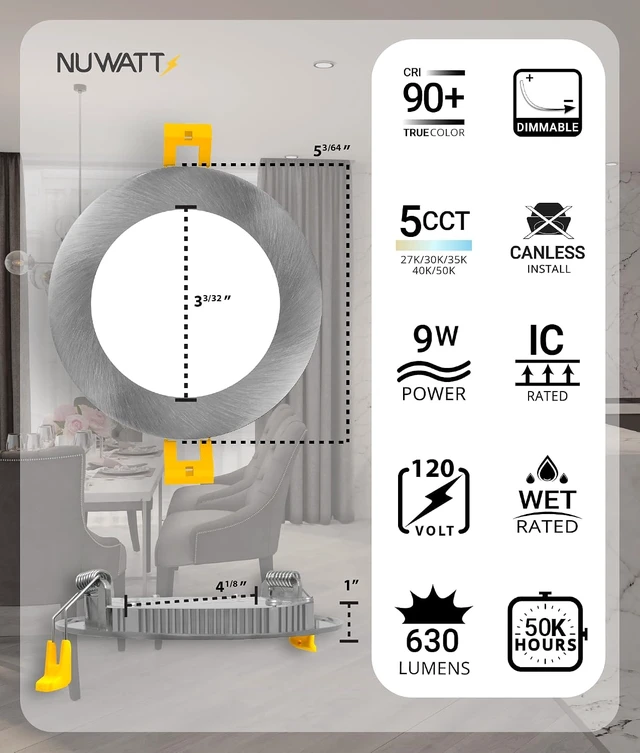Alt view image 2 of 7 - NUWATT 12PK 4 Inch Canless Brushed Nickel Recessed Lights, 2700K-5000K, ETL