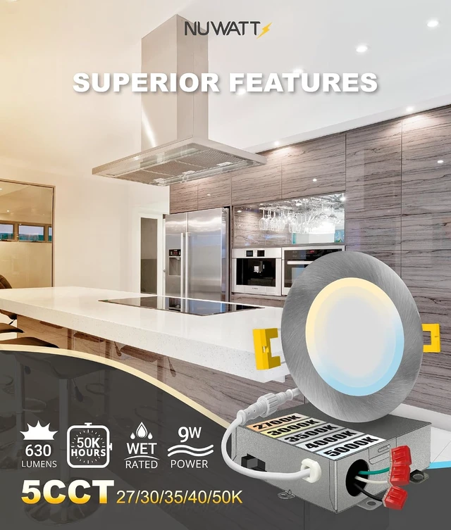 Alt view image 3 of 7 - NUWATT 12PK 4 Inch Canless Brushed Nickel Recessed Lights, 2700K-5000K, ETL