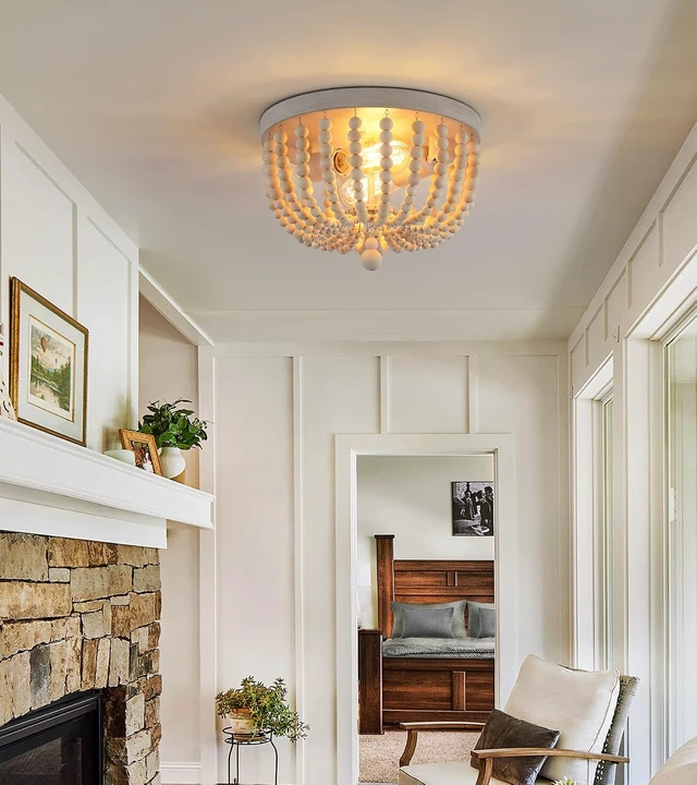 Alt view image 2 of 7 - Q&S Boho Chandelier Wood Beaded Flush Mount Ceiling Light Fixtures for Nursery Baby Bedroom Kitchen Hallway,Oak White Finish,2-Lights