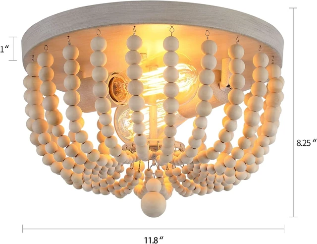 Alt view image 3 of 7 - Q&S Boho Chandelier Wood Beaded Flush Mount Ceiling Light Fixtures for Nursery Baby Bedroom Kitchen Hallway,Oak White Finish,2-Lights