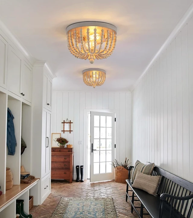 Alt view image 4 of 7 - Q&S Boho Chandelier Wood Beaded Flush Mount Ceiling Light Fixtures for Nursery Baby Bedroom Kitchen Hallway,Oak White Finish,2-Lights