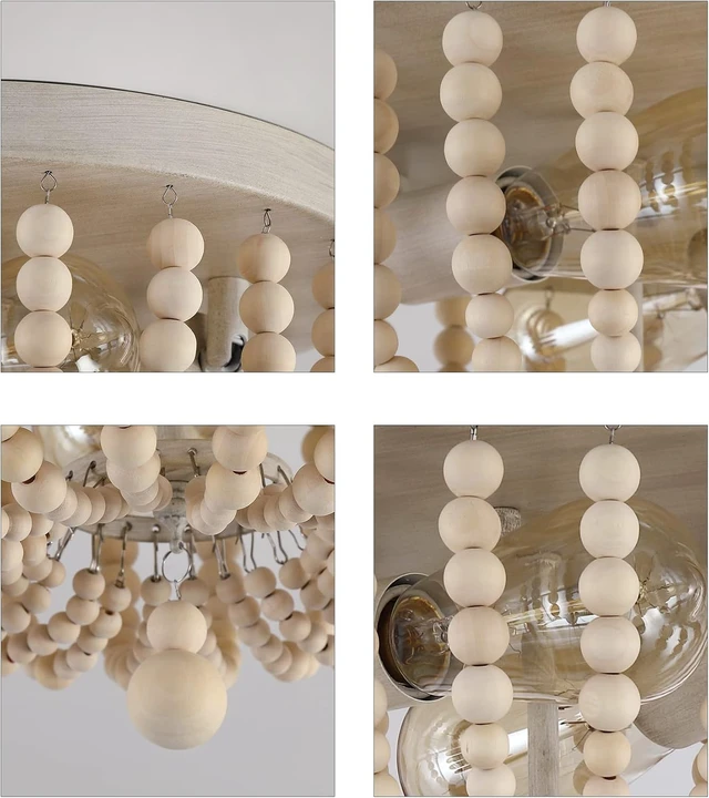 Alt view image 5 of 7 - Q&S Boho Chandelier Wood Beaded Flush Mount Ceiling Light Fixtures for Nursery Baby Bedroom Kitchen Hallway,Oak White Finish,2-Lights