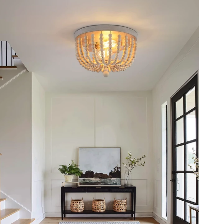 Alt view image 6 of 7 - Q&S Boho Chandelier Wood Beaded Flush Mount Ceiling Light Fixtures for Nursery Baby Bedroom Kitchen Hallway,Oak White Finish,2-Lights