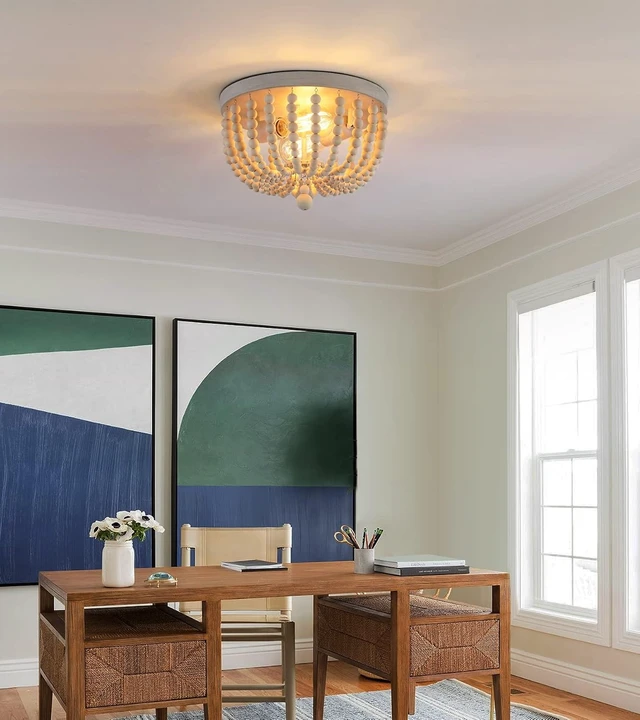 Alt view image 7 of 7 - Q&S Boho Chandelier Wood Beaded Flush Mount Ceiling Light Fixtures for Nursery Baby Bedroom Kitchen Hallway,Oak White Finish,2-Lights