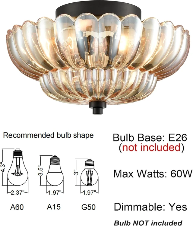 Alt view image 5 of 7 - HYDELITE Modern Black Flush Mount Ceiling Light 3-Light Amber Glass