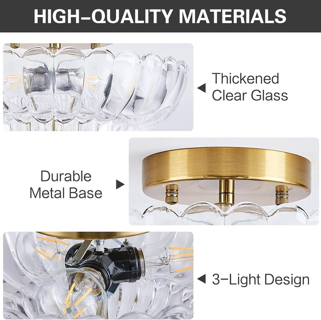 Alt view image 4 of 7 - Clear Glass Semi Flush Mount Ceiling Light Fixture,11.8 in,3-Lights