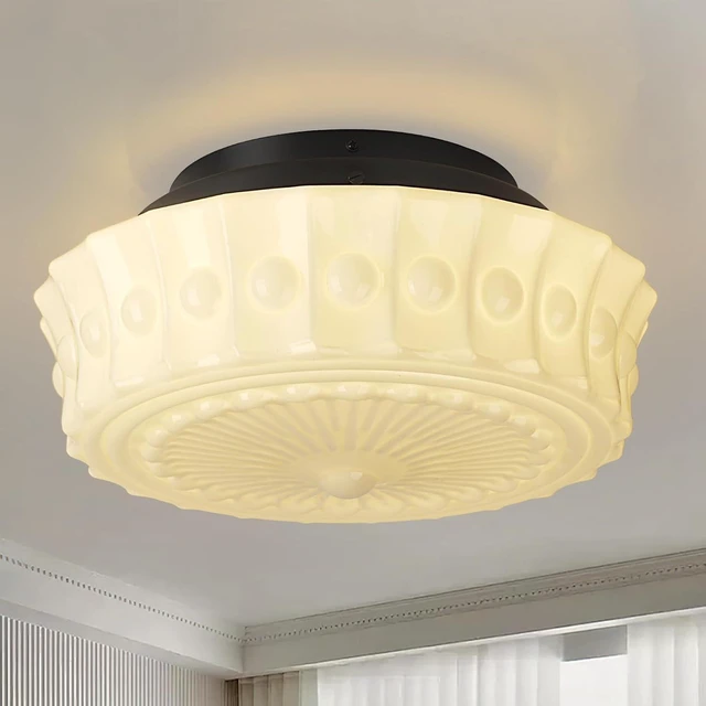 Main image of White Milk Glass Ceiling Light Fixture, 13.8'' Flush Mount Lighting for Bedroom, Hallway, Kitchen & Dining Room, Vintage Mid Century Design, 4 LED Bulbs Included, Ideal for Modern Farmhouse