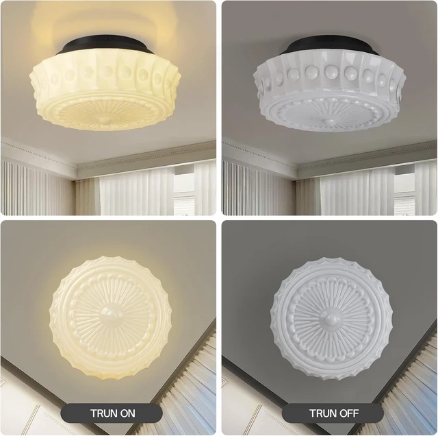 Alt view image 3 of 7 - White Milk Glass Ceiling Light Fixture, 13.8'' Flush Mount Lighting for Bedroom, Hallway, Kitchen & Dining Room, Vintage Mid Century Design, 4 LED Bulbs Included, Ideal for Modern Farmhouse