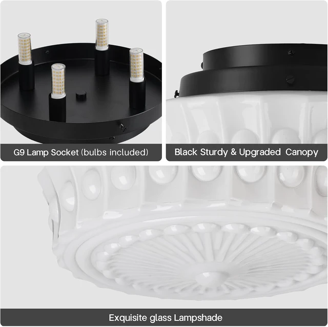 Alt view image 4 of 7 - White Milk Glass Ceiling Light Fixture, 13.8'' Flush Mount Lighting for Bedroom, Hallway, Kitchen & Dining Room, Vintage Mid Century Design, 4 LED Bulbs Included, Ideal for Modern Farmhouse
