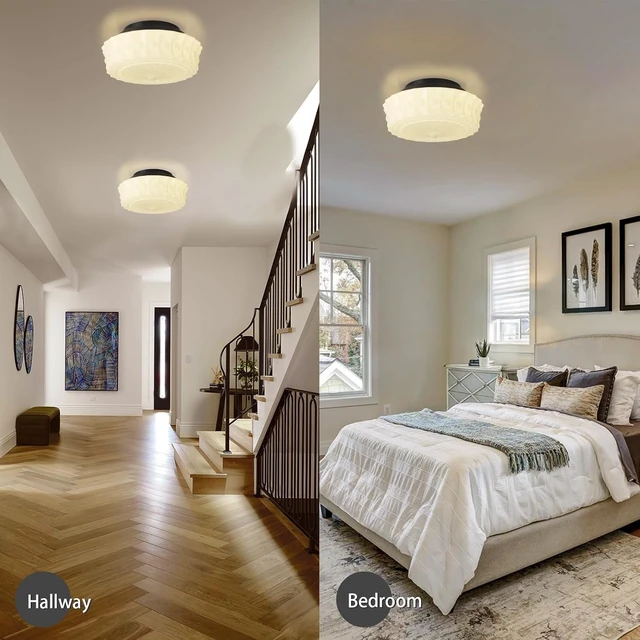 Alt view image 5 of 7 - White Milk Glass Ceiling Light Fixture, 13.8'' Flush Mount Lighting for Bedroom, Hallway, Kitchen & Dining Room, Vintage Mid Century Design, 4 LED Bulbs Included, Ideal for Modern Farmhouse
