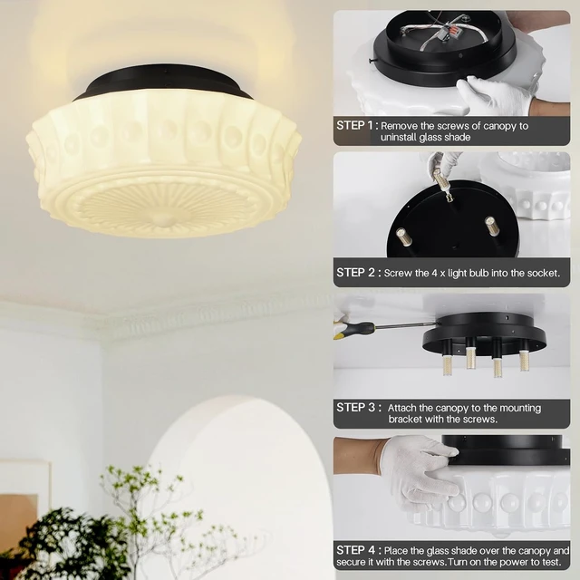 Alt view image 7 of 7 - White Milk Glass Ceiling Light Fixture, 13.8'' Flush Mount Lighting for Bedroom, Hallway, Kitchen & Dining Room, Vintage Mid Century Design, 4 LED Bulbs Included, Ideal for Modern Farmhouse
