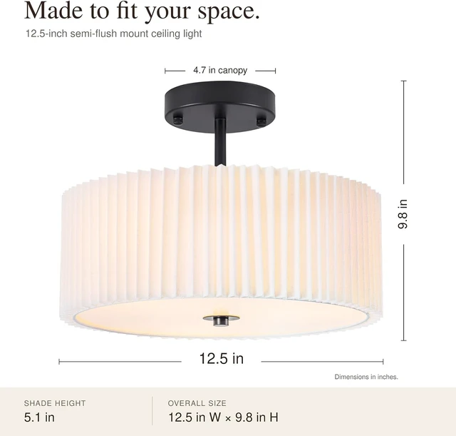 Alt view image 2 of 7 - Bargeni Semi Flush Mount Ceiling Light, Black Drum Light Fixture, 12.5"