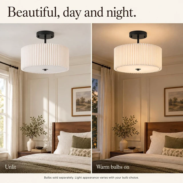 Alt view image 5 of 7 - Bargeni Semi Flush Mount Ceiling Light, Black Drum Light Fixture, 12.5"