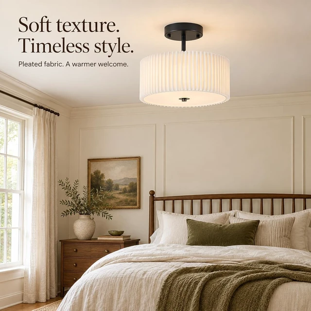 Alt view image 6 of 7 - Bargeni Semi Flush Mount Ceiling Light, Black Drum Light Fixture, 12.5"