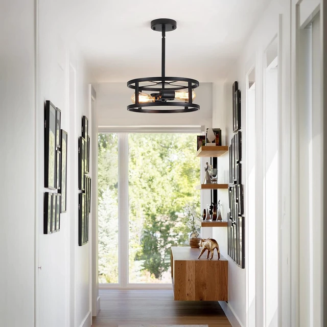 Alt view image 2 of 6 - Industrial Black Semi Flush Mount Ceiling Light,Farmhouse Kitchen Lighting, Sloped Ceilings Lights Fixtures for Dining Room Hallway Entryway, 2-Light