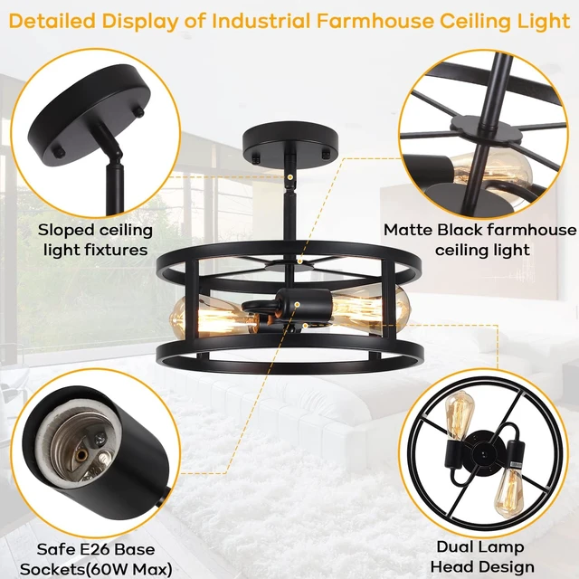 Alt view image 4 of 6 - Industrial Black Semi Flush Mount Ceiling Light,Farmhouse Kitchen Lighting, Sloped Ceilings Lights Fixtures for Dining Room Hallway Entryway, 2-Light