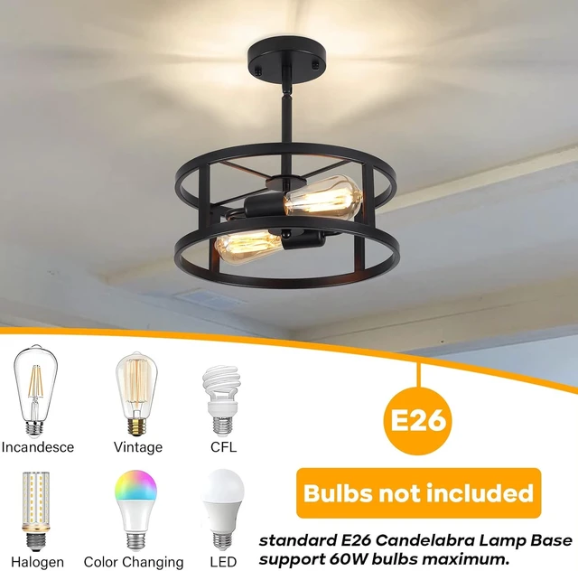 Alt view image 5 of 6 - Industrial Black Semi Flush Mount Ceiling Light,Farmhouse Kitchen Lighting, Sloped Ceilings Lights Fixtures for Dining Room Hallway Entryway, 2-Light