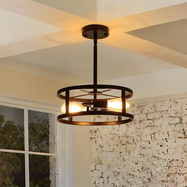 Alt view image 6 of 6 - Industrial Black Semi Flush Mount Ceiling Light,Farmhouse Kitchen Lighting, Sloped Ceilings Lights Fixtures for Dining Room Hallway Entryway, 2-Light