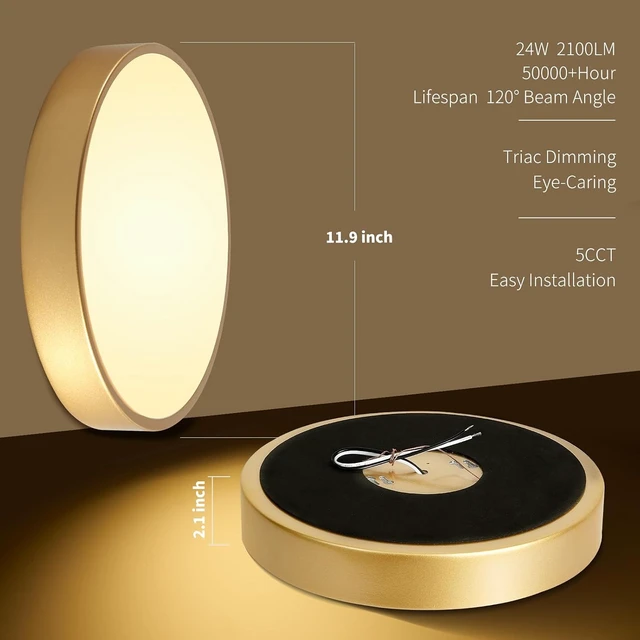 Alt view image 2 of 7 - HLightnet Flush Mount Ceiling Light Gold LED Dimmable 5CCT 12 Inch 24W