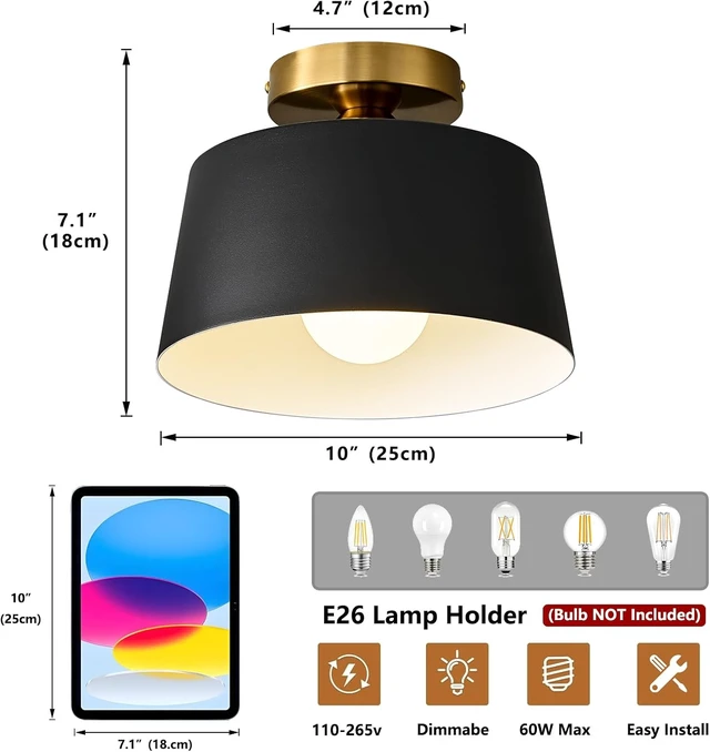 Alt view image 2 of 7 - 3 Pack Black and Gold Modern Semi Flush Mount Ceiling Light Fxiture 10 in