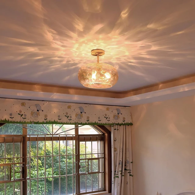 Alt view image 2 of 7 - Brass Gold Semi Flush Mount Ceiling Fixture Large Hammered Glass Shade Modern Close to Ceiling Light 14" Art Lampshade for Hallway Foyer Bedroom (Amber Glass Shade, 14 Inches)
