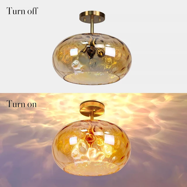Alt view image 3 of 7 - Brass Gold Semi Flush Mount Ceiling Fixture Large Hammered Glass Shade Modern Close to Ceiling Light 14" Art Lampshade for Hallway Foyer Bedroom (Amber Glass Shade, 14 Inches)