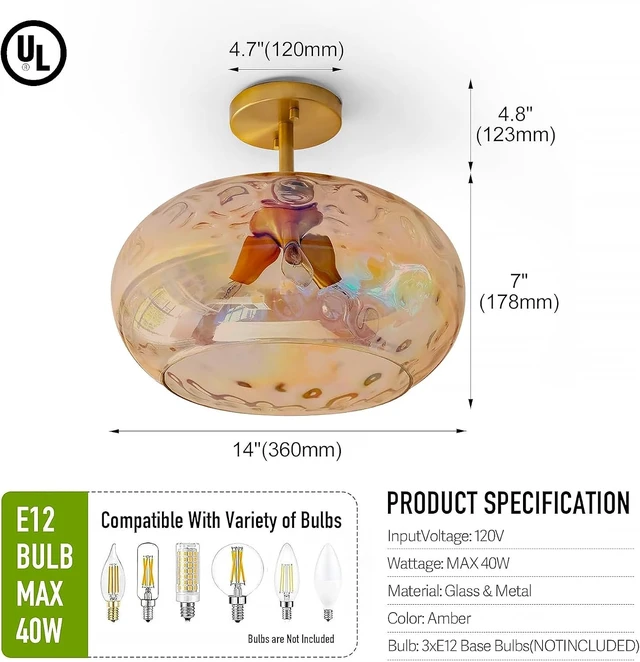 Alt view image 5 of 7 - Brass Gold Semi Flush Mount Ceiling Fixture Large Hammered Glass Shade Modern Close to Ceiling Light 14" Art Lampshade for Hallway Foyer Bedroom (Amber Glass Shade, 14 Inches)