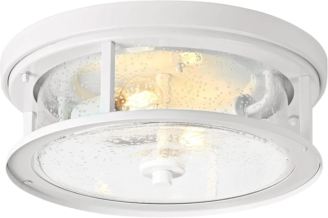 Main image of White Flush Mount Ceiling Light Fixture, 2-Light with Seeded Glass White Ceiling Light Fixture for Bedroom, Indoor Outdoor Ceiling Lights for Porch Hallway Kitchen