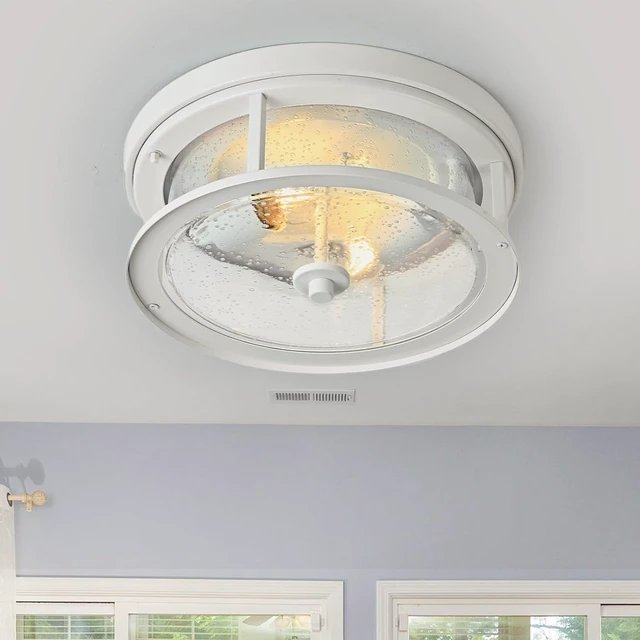 Alt view image 2 of 7 - White Flush Mount Ceiling Light Fixture, 2-Light with Seeded Glass White Ceiling Light Fixture for Bedroom, Indoor Outdoor Ceiling Lights for Porch Hallway Kitchen