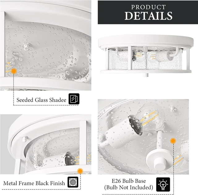 Alt view image 3 of 7 - White Flush Mount Ceiling Light Fixture, 2-Light with Seeded Glass White Ceiling Light Fixture for Bedroom, Indoor Outdoor Ceiling Lights for Porch Hallway Kitchen