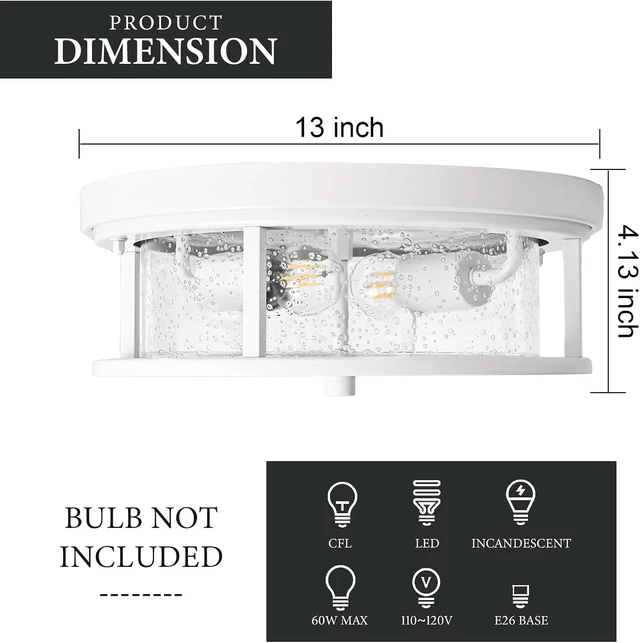 Alt view image 4 of 7 - White Flush Mount Ceiling Light Fixture, 2-Light with Seeded Glass White Ceiling Light Fixture for Bedroom, Indoor Outdoor Ceiling Lights for Porch Hallway Kitchen