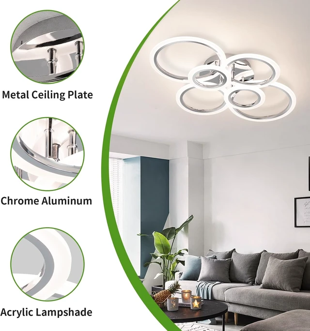 Alt view image 5 of 7 - Modern LED Ceiling Light Fixture, 6 Rings Dimmable Flush Mount Ceiling Light with Remote, Acrylic Close to Ceiling Lighting Fixture for Low Ceiling Living Room Bedroom Kitchen (6 Heads)