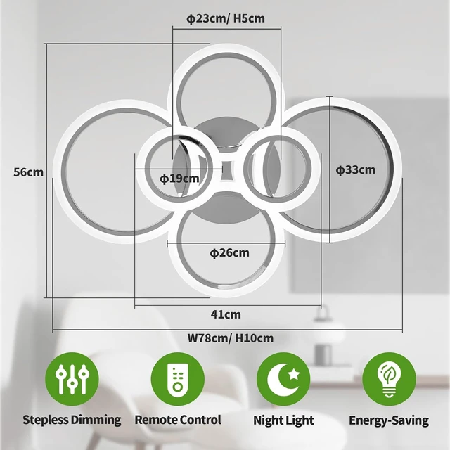 Alt view image 6 of 7 - Modern LED Ceiling Light Fixture, 6 Rings Dimmable Flush Mount Ceiling Light with Remote, Acrylic Close to Ceiling Lighting Fixture for Low Ceiling Living Room Bedroom Kitchen (6 Heads)