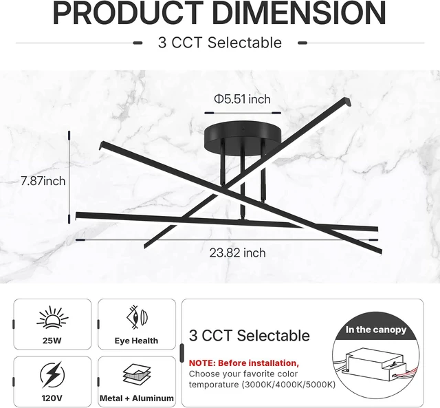 Alt view image 7 of 7 - Modern LED Chandelier 24W Dimmable Black Semi Flush Mount Ceiling Light Fixture for Kitchen Dining Room Foyer Entry, 23.82"