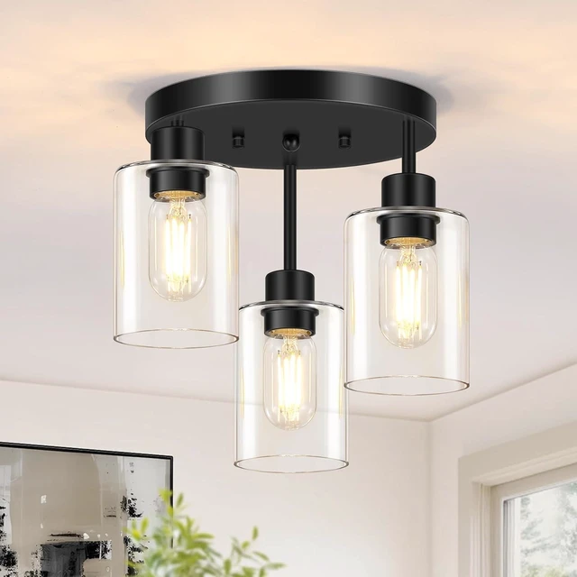 Main image of Farmhouse Flush Mount Ceiling Light, Black 3-Light Hallway Light Fixtures Ceiling with Clear Glass Shades, Light Fixtures Ceiling Mount for Kitchen Living Room Foyer, E26 Base