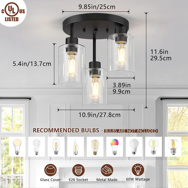 Alt view image 2 of 7 - Farmhouse Flush Mount Ceiling Light, Black 3-Light Hallway Light Fixtures Ceiling with Clear Glass Shades, Light Fixtures Ceiling Mount for Kitchen Living Room Foyer, E26 Base