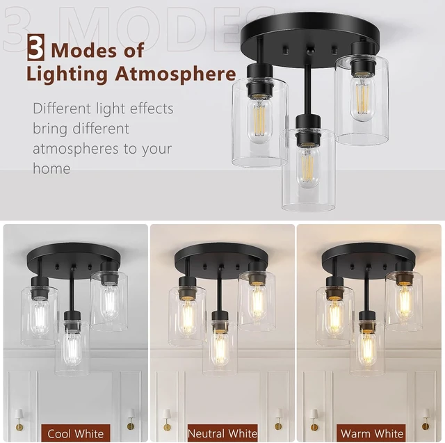 Alt view image 3 of 7 - Farmhouse Flush Mount Ceiling Light, Black 3-Light Hallway Light Fixtures Ceiling with Clear Glass Shades, Light Fixtures Ceiling Mount for Kitchen Living Room Foyer, E26 Base