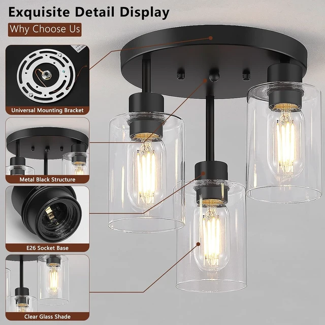 Alt view image 4 of 7 - Farmhouse Flush Mount Ceiling Light, Black 3-Light Hallway Light Fixtures Ceiling with Clear Glass Shades, Light Fixtures Ceiling Mount for Kitchen Living Room Foyer, E26 Base