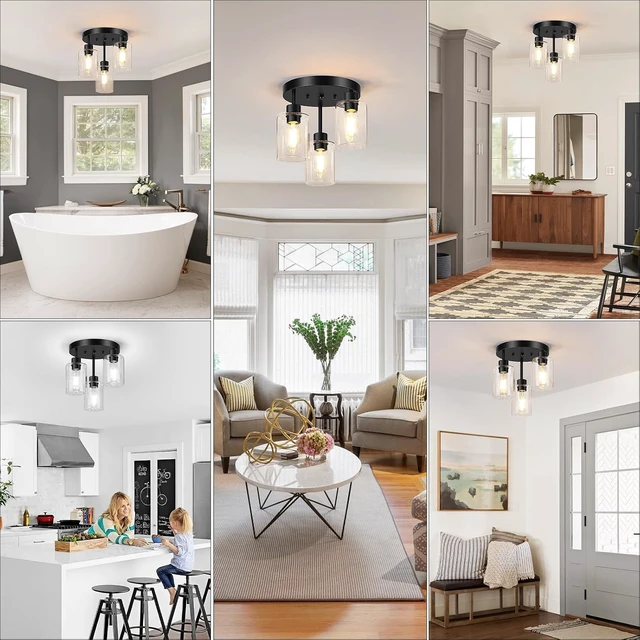 Alt view image 6 of 7 - Farmhouse Flush Mount Ceiling Light, Black 3-Light Hallway Light Fixtures Ceiling with Clear Glass Shades, Light Fixtures Ceiling Mount for Kitchen Living Room Foyer, E26 Base