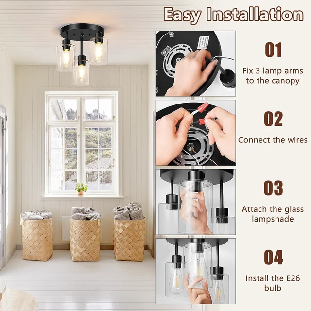 Alt view image 7 of 7 - Farmhouse Flush Mount Ceiling Light, Black 3-Light Hallway Light Fixtures Ceiling with Clear Glass Shades, Light Fixtures Ceiling Mount for Kitchen Living Room Foyer, E26 Base
