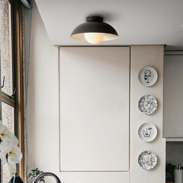 Alt view image 2 of 7 - 1-Light Matte Black Flush Mount Ceiling Light with White Opal Glass Shade