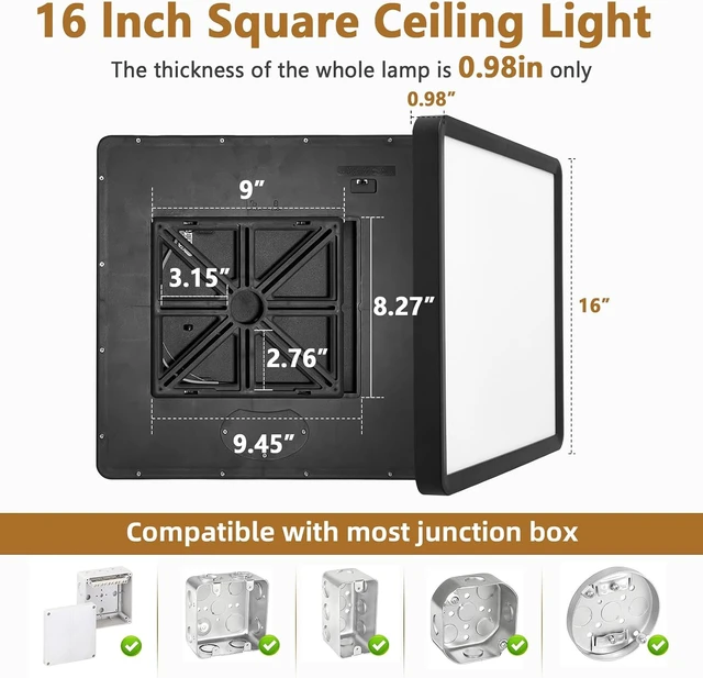 Alt view image 5 of 7 - 2PK 16 Inch Square LED Flush Mount Ceiling Light, 40W, 4000LM 3000K/4000K/6000K CCT Selectable, Black Square LED Flat Panel Ceiling Light Fixture for Bedroom,Kitchen,Living Room