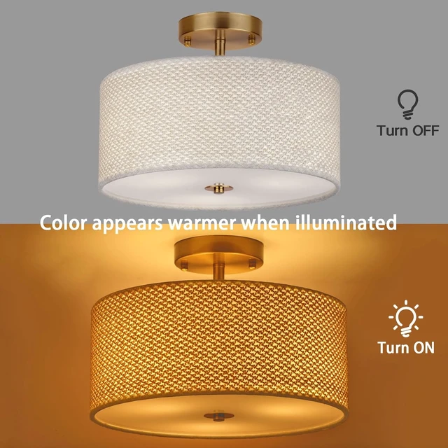 Alt view image 2 of 7 - 13" Boho Rattan-Style Semi Flush Mount Ceiling Light Fixture, 3-Light Modern Fabric Shade Drum Lamp, White Rustic Lighting for Bedroom, Kitchen, Dining Room, Living Room, Hallway, Entryway