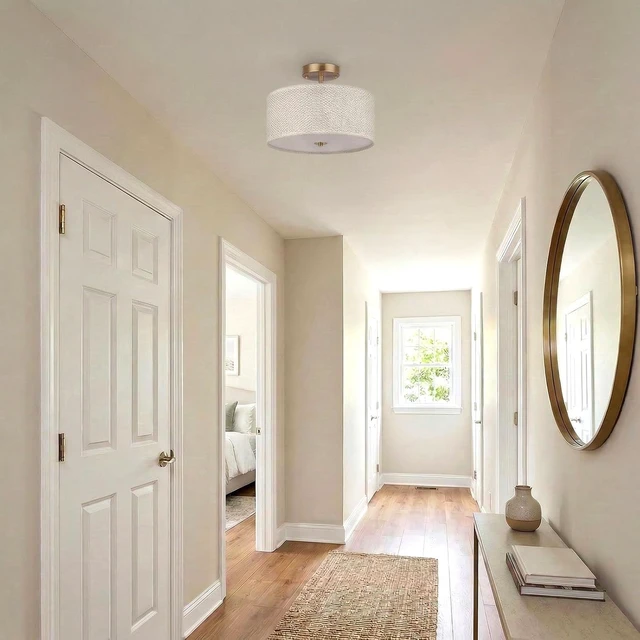 Alt view image 3 of 7 - 13" Boho Rattan-Style Semi Flush Mount Ceiling Light Fixture, 3-Light Modern Fabric Shade Drum Lamp, White Rustic Lighting for Bedroom, Kitchen, Dining Room, Living Room, Hallway, Entryway