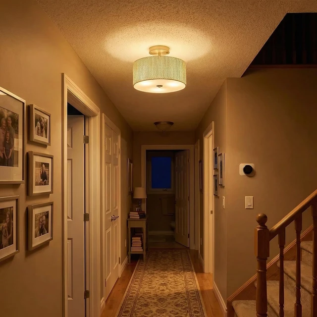 Alt view image 4 of 7 - 13" Boho Rattan-Style Semi Flush Mount Ceiling Light Fixture, 3-Light Modern Fabric Shade Drum Lamp, White Rustic Lighting for Bedroom, Kitchen, Dining Room, Living Room, Hallway, Entryway