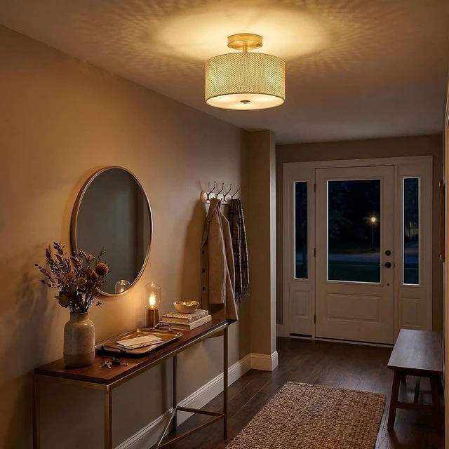 Alt view image 5 of 7 - 13" Boho Rattan-Style Semi Flush Mount Ceiling Light Fixture, 3-Light Modern Fabric Shade Drum Lamp, White Rustic Lighting for Bedroom, Kitchen, Dining Room, Living Room, Hallway, Entryway