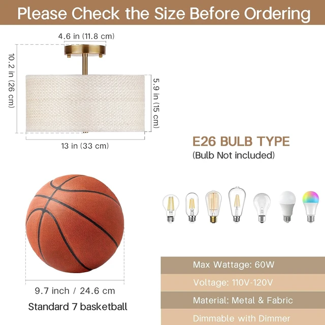 Alt view image 6 of 7 - 13" Boho Rattan-Style Semi Flush Mount Ceiling Light Fixture, 3-Light Modern Fabric Shade Drum Lamp, White Rustic Lighting for Bedroom, Kitchen, Dining Room, Living Room, Hallway, Entryway