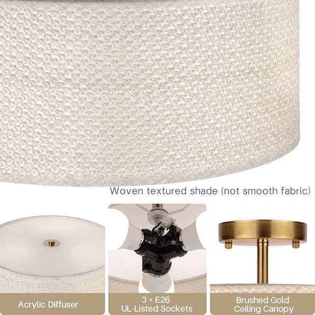 Alt view image 7 of 7 - 13" Boho Rattan-Style Semi Flush Mount Ceiling Light Fixture, 3-Light Modern Fabric Shade Drum Lamp, White Rustic Lighting for Bedroom, Kitchen, Dining Room, Living Room, Hallway, Entryway