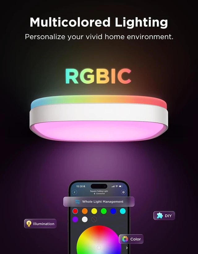 Alt view image 2 of 7 - Govee Smart Ceiling Light, RGBWW and RGBIC 2400LM 12 Inch, Square 1 Pack